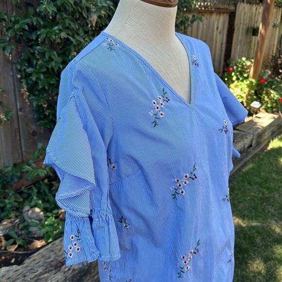Love Scarlett Blue and White Striped Floral Ruffed Cold Shoulder Blouse Small - Picture 2 of 10